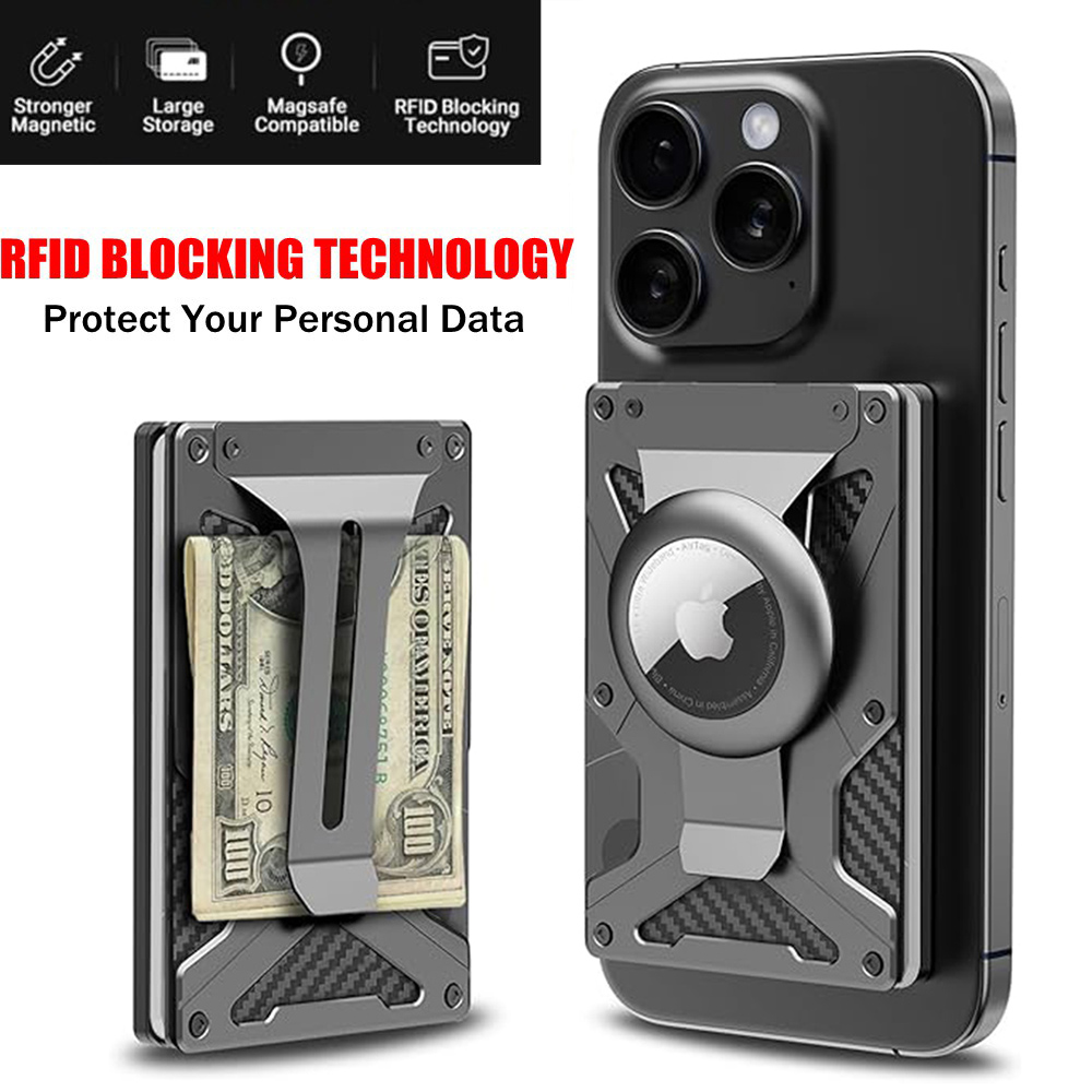 Money Clip Magnetic - กระเป๋าสตางค์โทรศัพท์แม่เหล็กเข้ากันได้กับ Apple MagSafe-ที่ใส่การ์ดโลหะพร้อมที่ใส่ AirTag, การปิดกั้น RFID